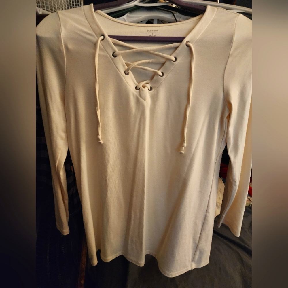 Old Navy womens medium long sleeve lace up off white shirt